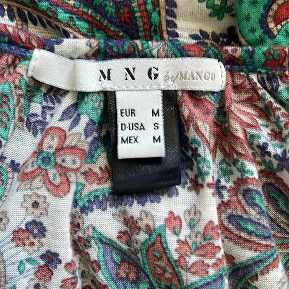 Mango Bohemian Sheer 3/4 Sleeve Paisley Print Tie-neck Blouse Top Size S V Neck - Picture 6 of 9